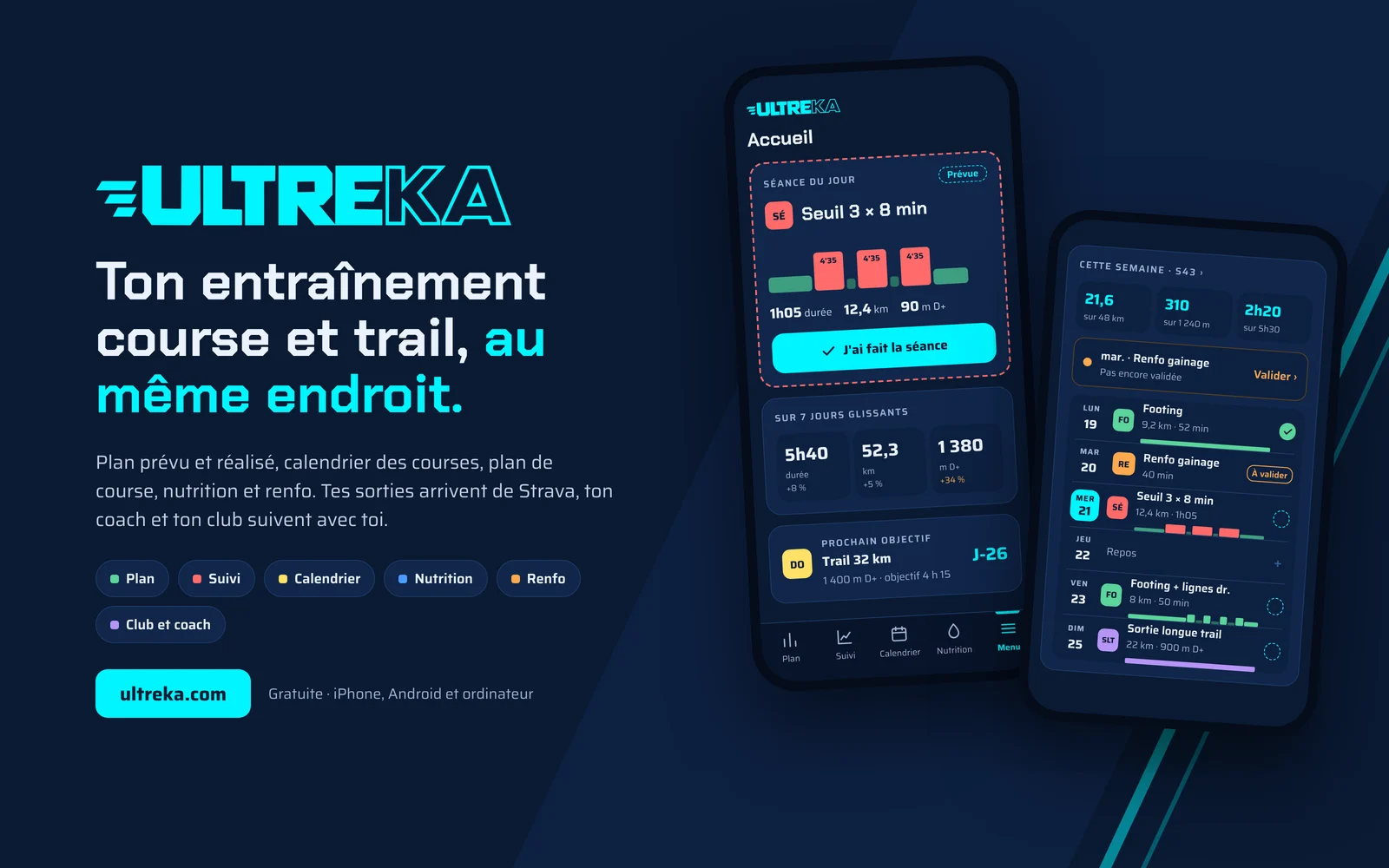 Écrans de l'application Ultreka : séance du jour et semaine d'entraînement